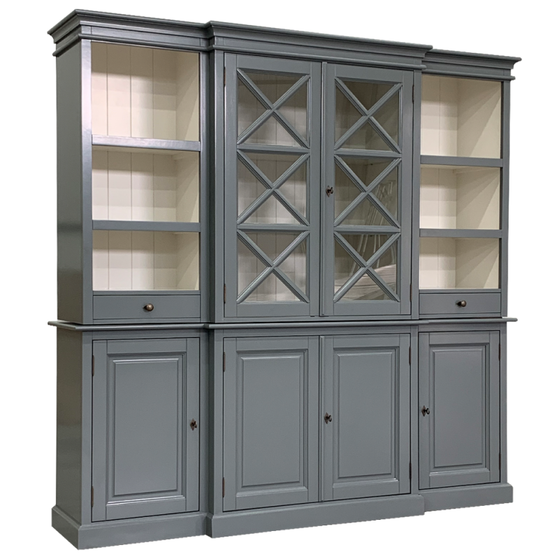Geschirrschrank grau, Buffetschrank grau, Vitrine grau, Landhaus Küchenschrank grau, Breite 220 cm