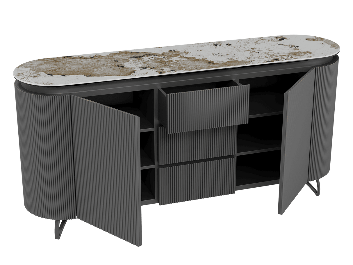 Sideboard Marmoroptik, Sideboard mit Schubladen Keramik, ovale Anrichte Keramik, Breite 170 cm