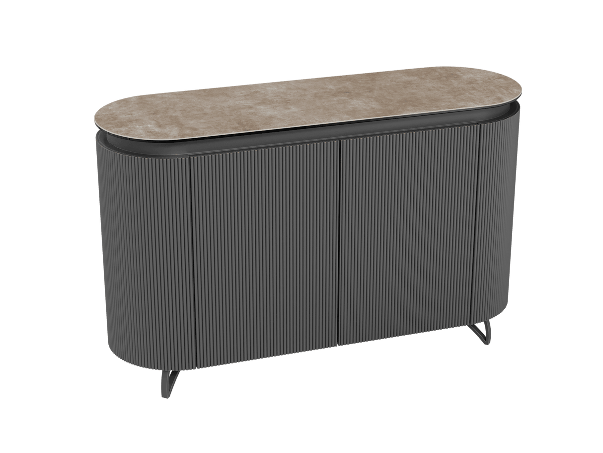 Sideboard taupe Marmoroptik, Sideboard mit Schubladen Keramik, ovale Anrichte Keramik, Breite 130 cm