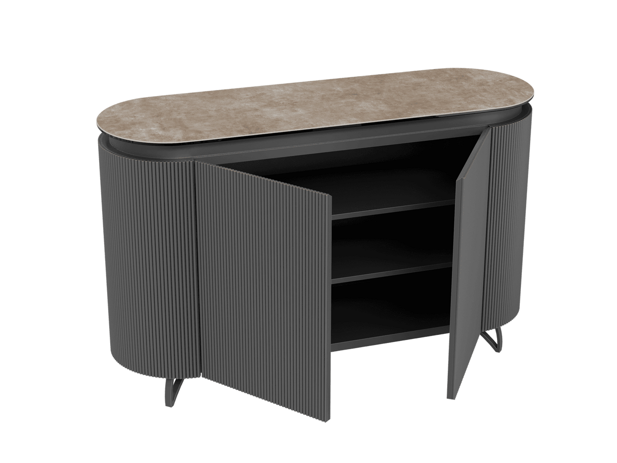 Sideboard taupe Marmoroptik, Sideboard mit Schubladen Keramik, ovale Anrichte Keramik, Breite 130 cm