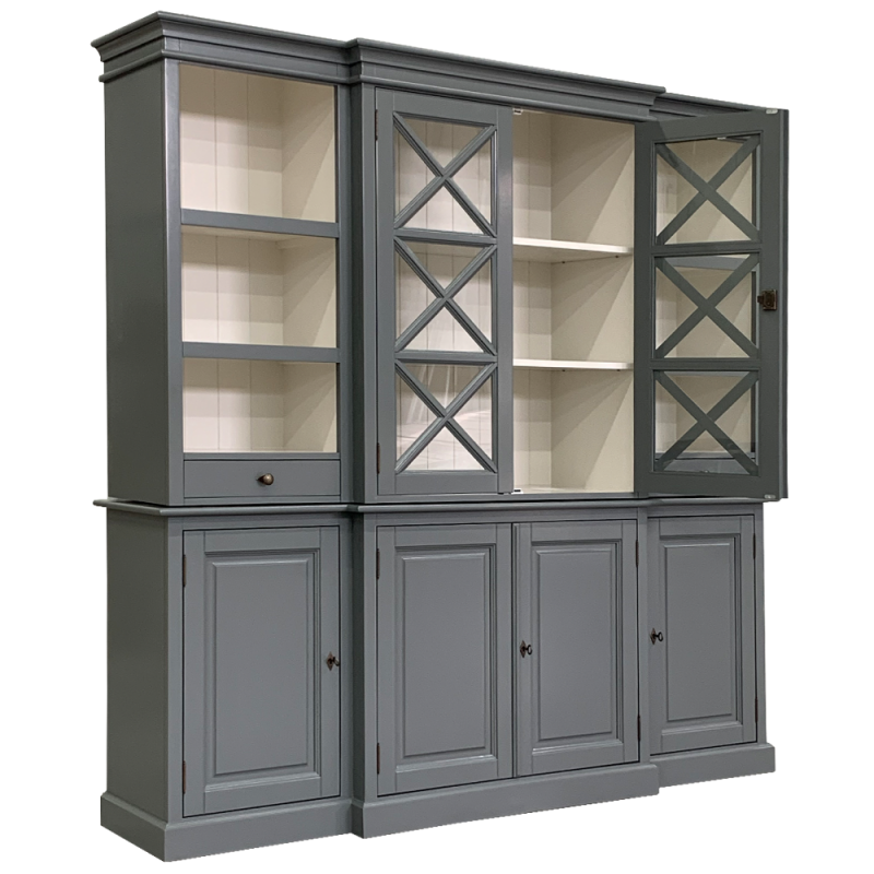 Geschirrschrank grau, Buffetschrank grau, Vitrine grau, Landhaus Küchenschrank grau, Breite 220 cm