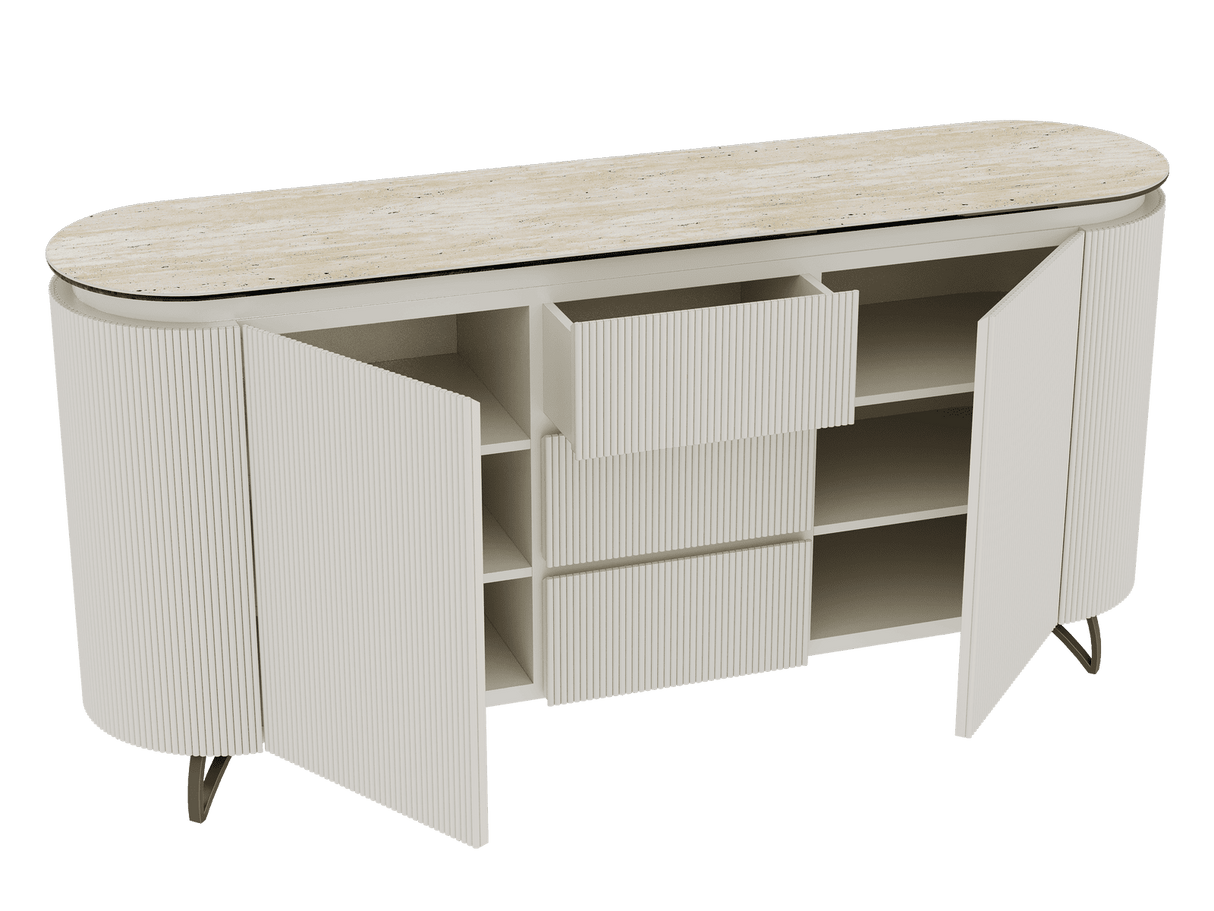 Sideboard Elfenbein-weiß Marmoroptik, Sideboard Travertin-weiß mit Schubladen Keramikplatte, ovale Anrichte weiß-Elfenbein Keramik, Breite 170 cm