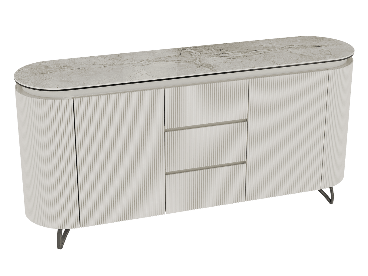 Sideboard Elfenbein-weiß Marmoroptik, Sideboard weiß mit Schubladen Keramikplatte, ovale Anrichte Keramik, Breite 170 cm