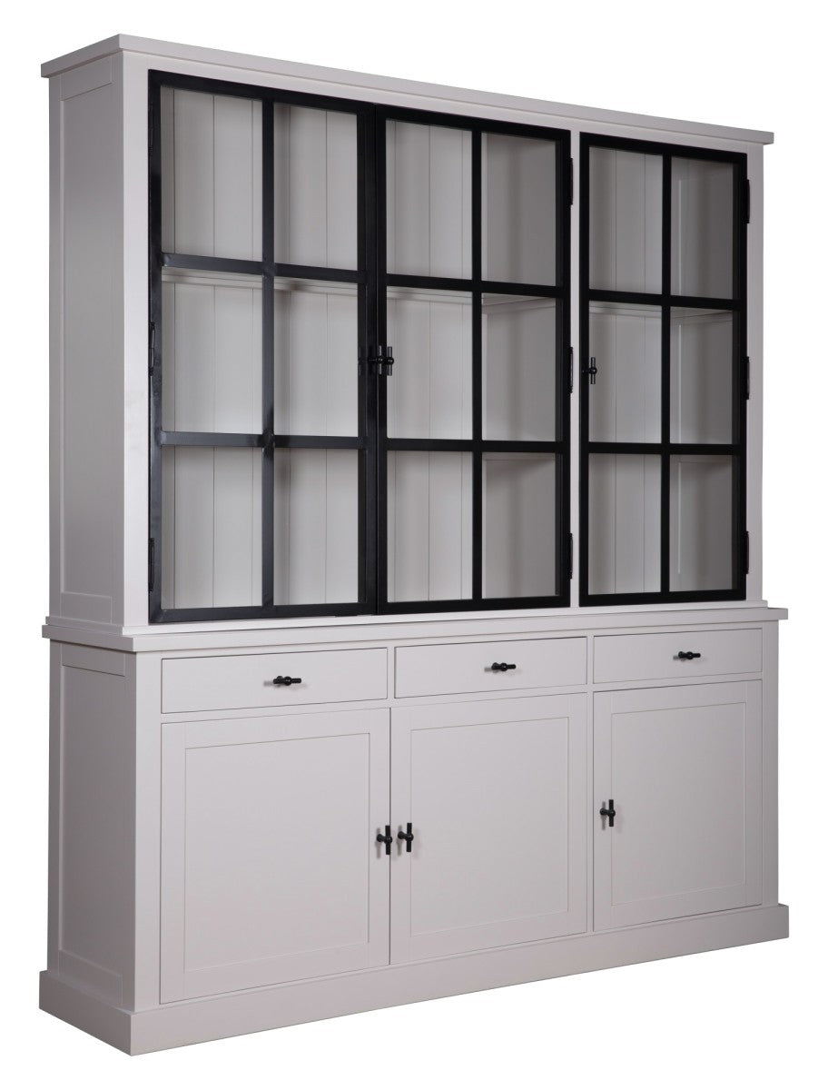 Vitrine grau,  Geschirrschrank grau Landhaus, Wohnzimmerschrank  grau Landhausstil, Breite 200 cm