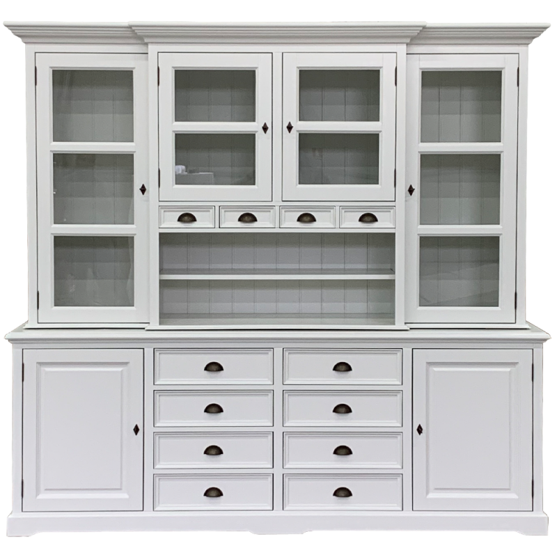 Geschirrschrank grau, Buffetschrank grau, Vitrine grau, Landhaus Küchenschrank grau, Breite 235 cm