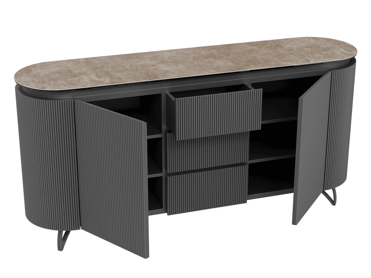 Sideboard taupe Marmoroptik, Sideboard mit Schubladen Keramik, ovale Anrichte Keramik, Breite 170 cm