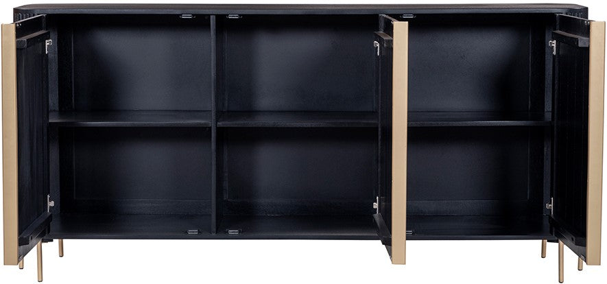 Sideboard schwarz-Gold Massivholz, Anrichte schwarz Holz, Sideboard Holz schwarz, Breite 180 cm