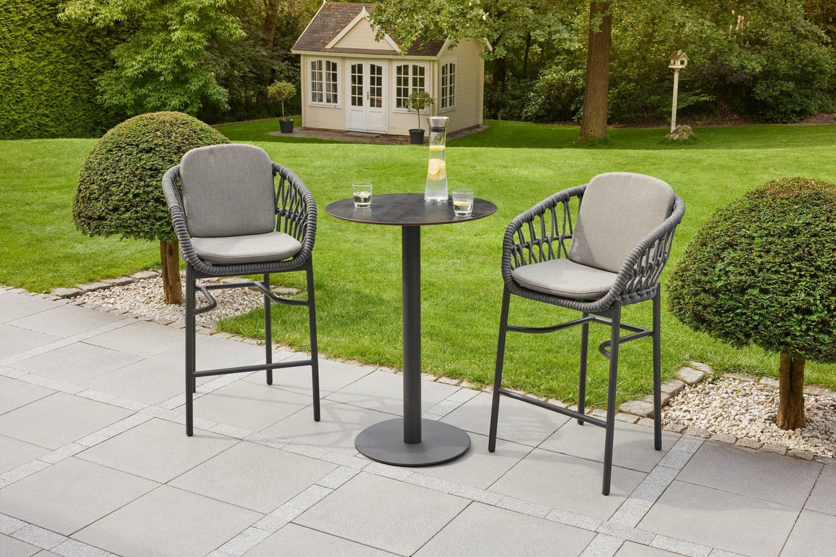 3er Set Bartisch rund anthrazit mit zwei Barstühlen, Bartisch anthrazit mit Barstülen grau