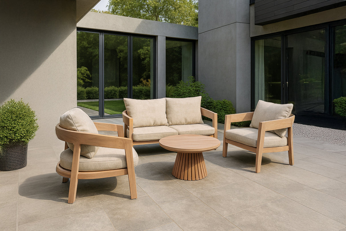 Garten-Sitzgarnitur Set, Gartenbank mit zwei Sessel und Gartentisch rund, Gartenlounge Teak Naturholz