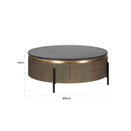 Couchtisch rund Gold-schwarz Marmorstein, Kaffeetisch Gold schwarz, runder Couchtisch Marmor schwarz, Breite 90 cm