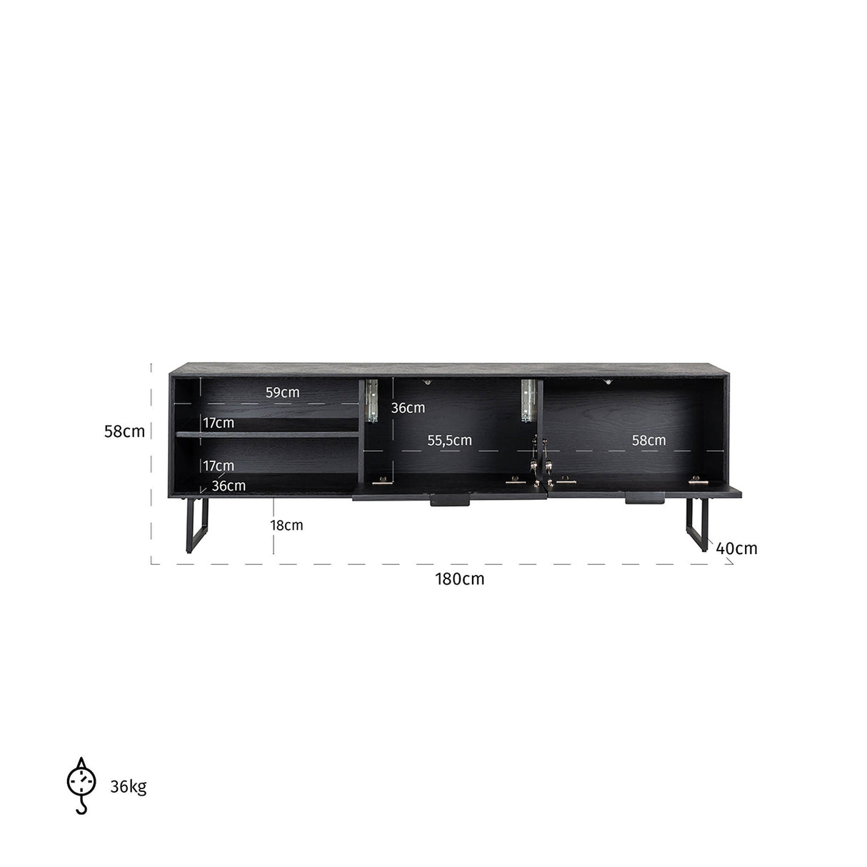 Fernsehschrank Eiche furniert, TV Schrank schwarz, Breite 180 cm