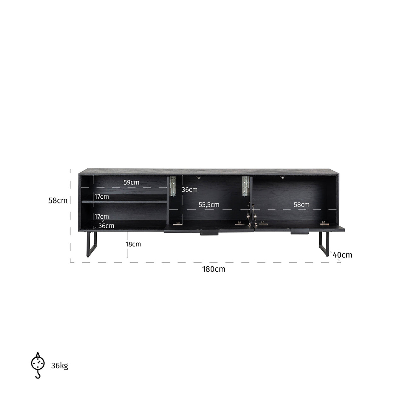 Fernsehschrank Eiche furniert, TV Schrank schwarz, Breite 180 cm
