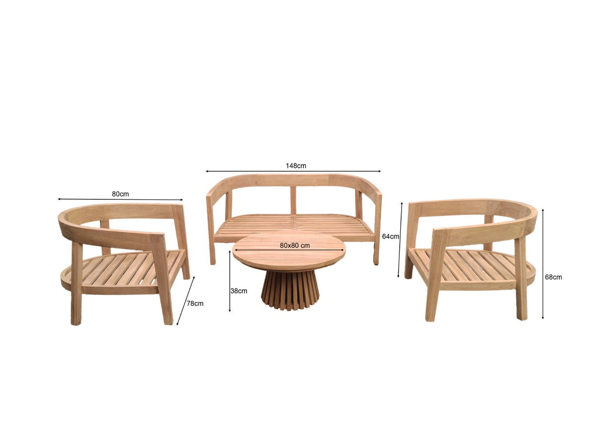 Garten-Sitzgarnitur Set, Gartenbank mit zwei Sessel und Gartentisch rund, Gartenlounge Teak Naturholz