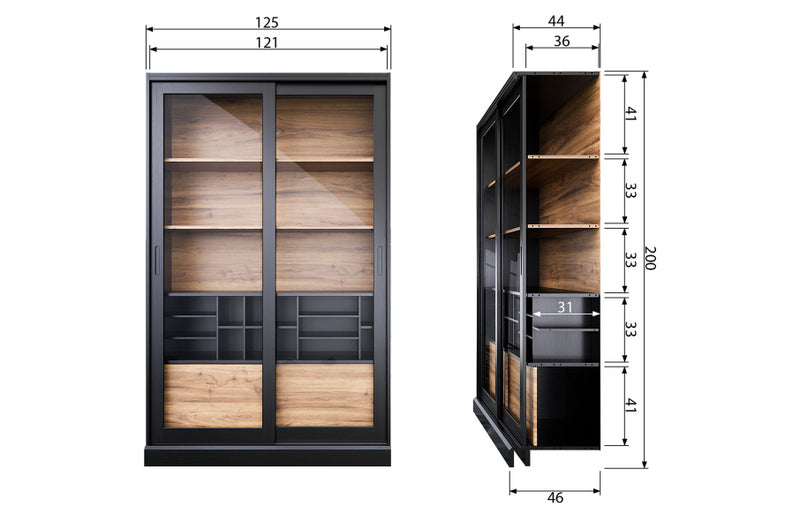 Vitrine schwarz, Geschirrschrank schwarz, Wohnzimmerschrank schwarz,  Breite 125 cm