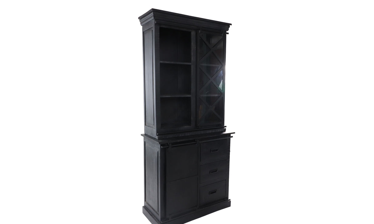 Vitrinenschrank schwarz, Vitrine schwarz, Geschirrschrank Landhaus, Breite 95 cm