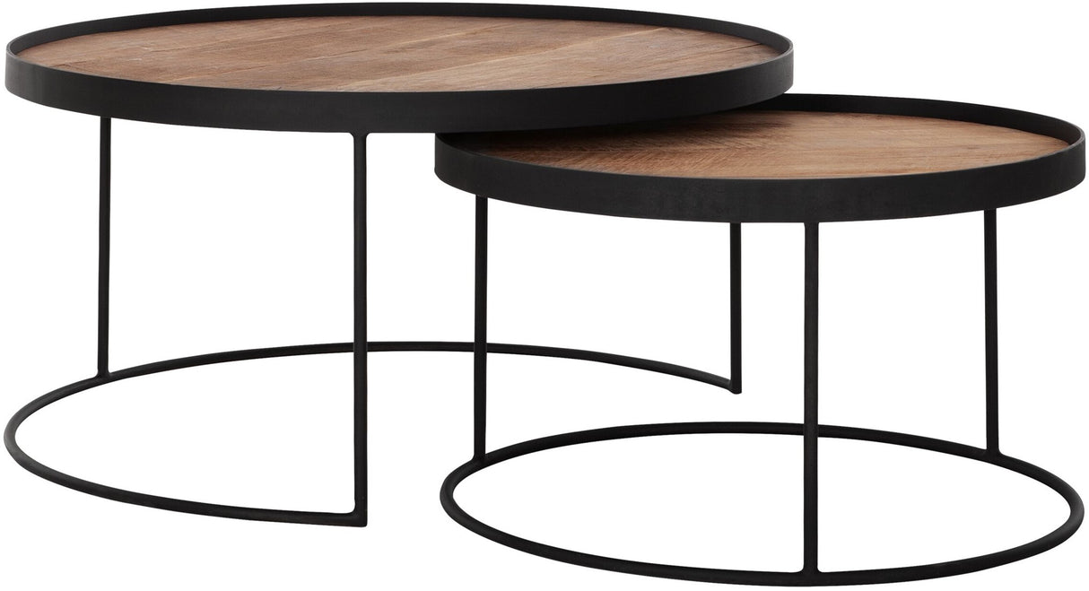 2er Set Couchtisch rund Naturholz braun, Kaffeetisch rund Holz, runder Couchtisch schwarz, Durchmesser 60-80 cm