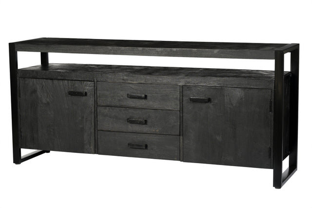 Sideboard schwarz Metall Holz, Sideboard Industriedesign, Anrichte schwarz Massivholz, Breite 180 cm