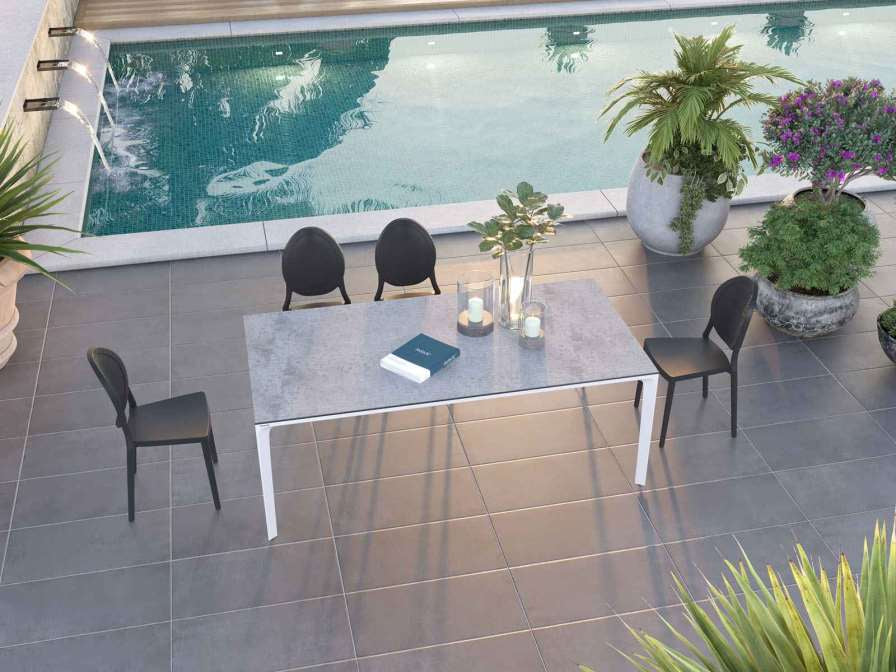 Outdoor Esstisch Farbe grau-weiß, Gartentisch weiß-grau Marmoroptik, Keramik Gartentisch grau-weiß, Maße 200 cm