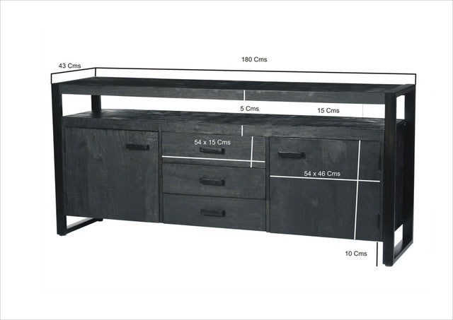 Sideboard schwarz Metall Holz, Sideboard Industriedesign, Anrichte schwarz Massivholz, Breite 180 cm