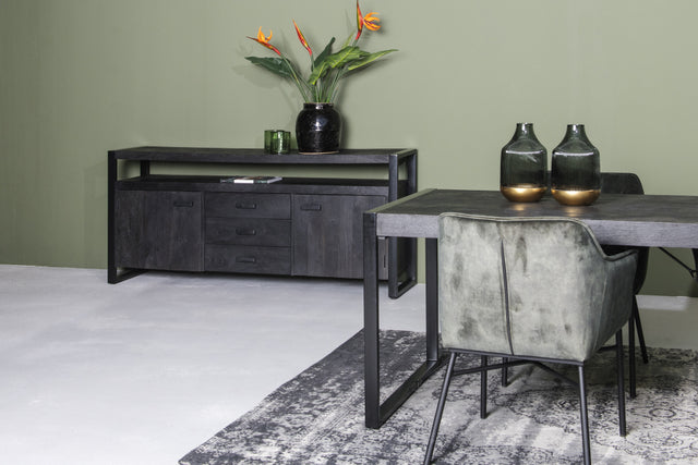 Sideboard schwarz Metall Holz, Sideboard Industriedesign, Anrichte schwarz Massivholz, Breite 180 cm