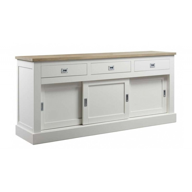 Sideboard weiß mit Eiche-Natur Platte, Anrichte weiß Landhausstil Eiche, Schrank weiß Landhaus, Breite 235 cm