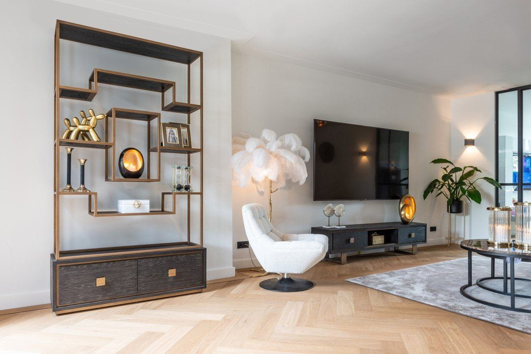 Sideboard schwarz-Bronze, Anrichte schwarz mit zwei Schubladen, Sideboard Eiche furniert schwarz, Breite 200 cm