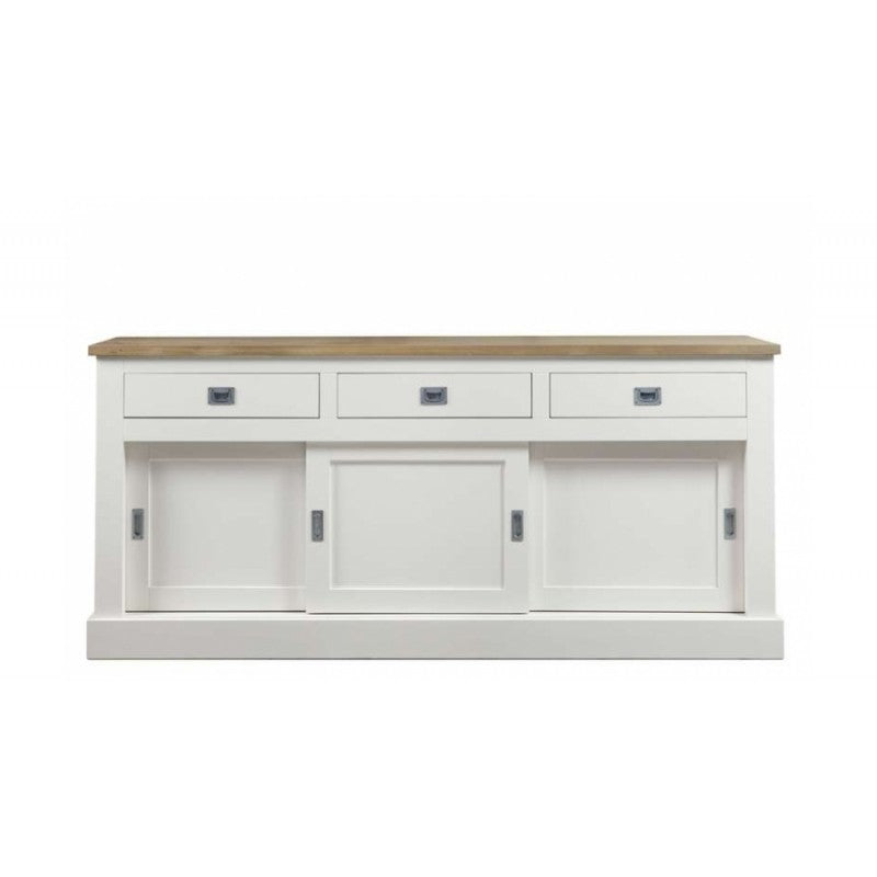 Sideboard weiß mit Eiche-Natur Platte, Anrichte weiß Landhausstil Eiche, Schrank weiß Landhaus, Breite 235 cm