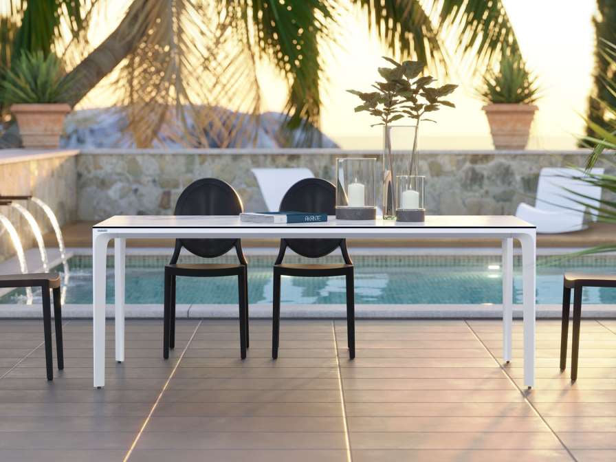 Outdoor Esstisch Farbe grau-weiß, Gartentisch weiß-grau Marmoroptik, Keramik Gartentisch grau-weiß, Maße 220 cm