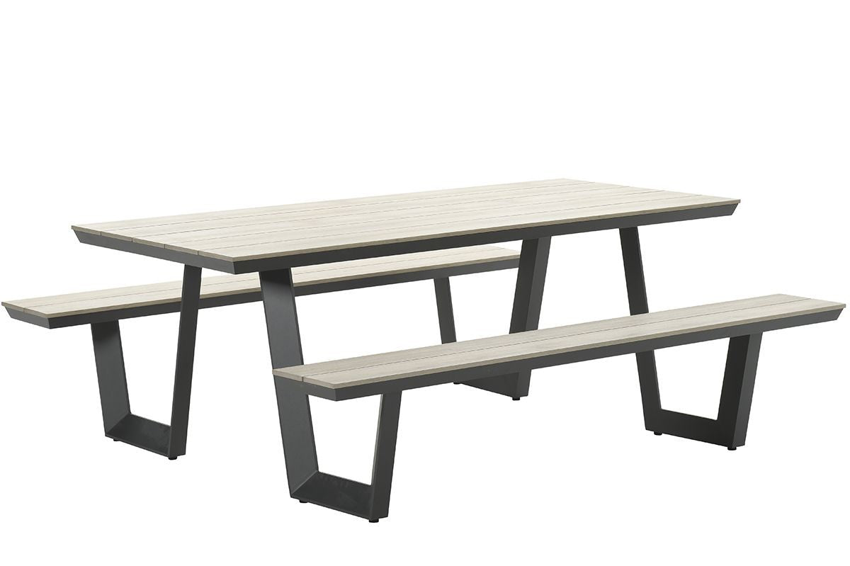 Gruppensitzbank grau, Sitzgruppe Aluminium anthrazit, Picknick Gartentisch mit Bank anthrazit, Länge 200 cm