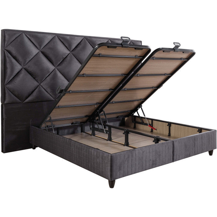 Gepolstertes Bett mit Matratze und Kopfteil, Bett grau mit Kopfteil, Breite 180 cm