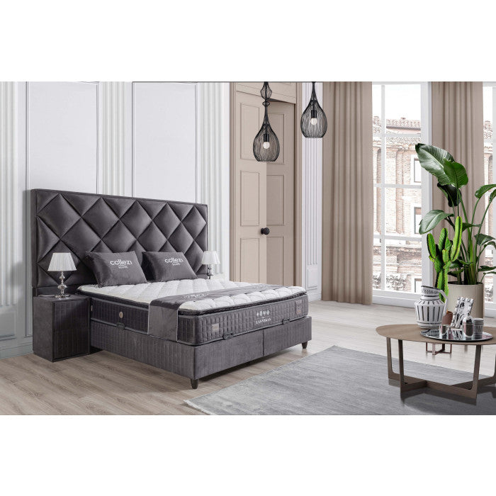 Gepolstertes Bett mit Matratze und Kopfteil, Bett grau mit Kopfteil, Breite 180 cm