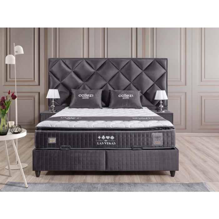 Gepolstertes Bett mit Matratze und Kopfteil, Bett grau mit Kopfteil, Breite 180 cm