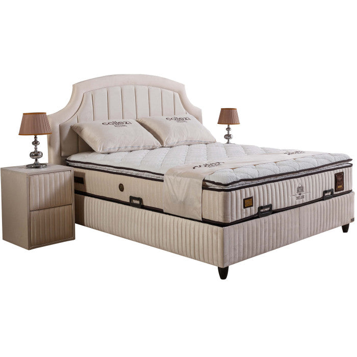 Gepolstertes Bett mit Matratze und Kopfteil, Bett beige mit Kopfteil, Breite 160 cm