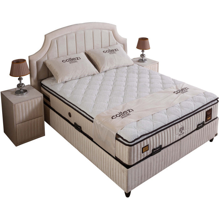 Gepolstertes Bett mit Matratze und Kopfteil, Bett beige mit Kopfteil, Breite 160 cm