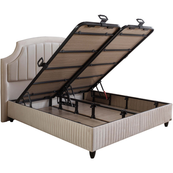 Gepolstertes Bett mit Matratze und Kopfteil, Bett beige mit Kopfteil, Breite 160 cm