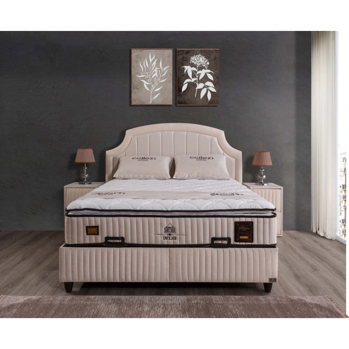 Gepolstertes Bett mit Matratze und Kopfteil, Bett beige mit Kopfteil, Breite 180 cm