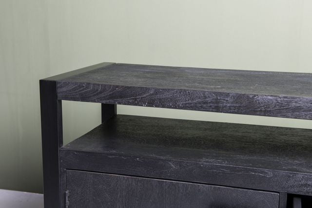 Sideboard schwarz Metall Holz, Sideboard Industriedesign, Anrichte schwarz Massivholz, Breite 180 cm