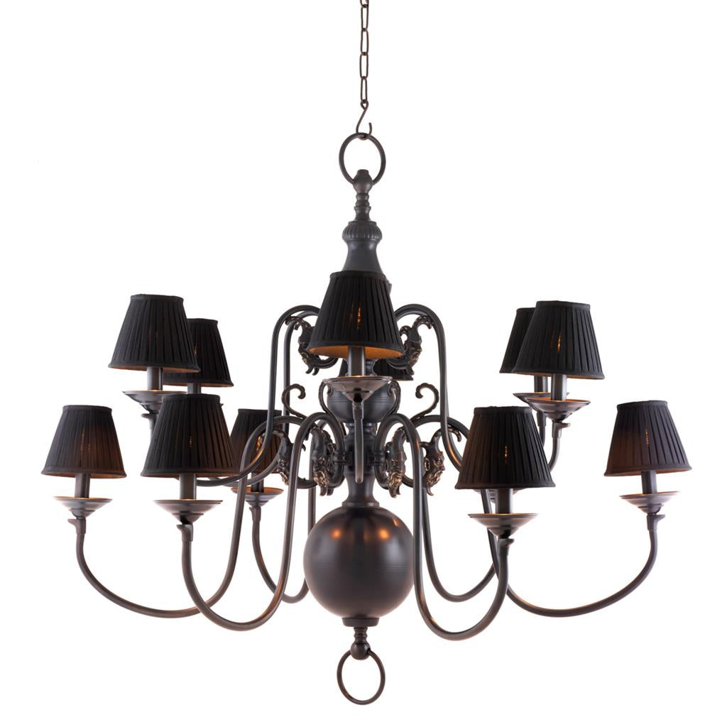 Kronleuchter 12 flammig mit Lampenschirmen, Hängelüster braun, Kronleuchter braun Lampenschirmen schwarz, Durchmesser 115 cm