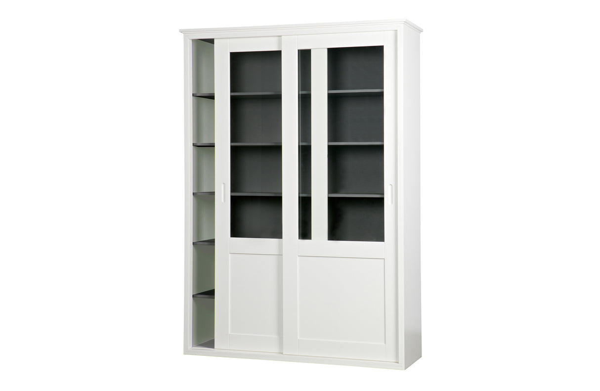 Vitrinenschrank weiß, Geschirrschrank weiß Landhaus, Vitrine weiß Schiebetüren, Buffet-Schrank weiß-grau, Breite 147 cm