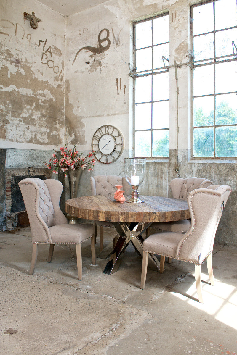 Tisch rund verchromtes Gestell, runder Esstisch Holz Metall, Tisch Metallgestell, Durchmesser 160 cm