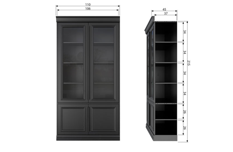 Vitrine schwarz, Geschirrschrank schwarz, Bücherschrank schwarz, Breite 110 cm