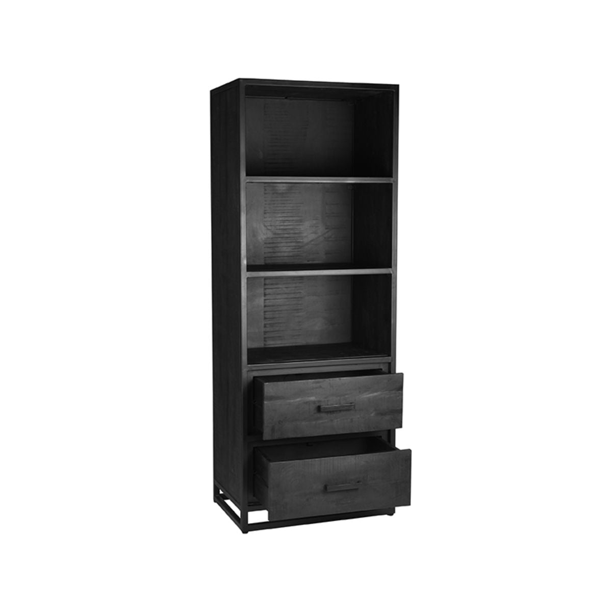 Bücherregal schwarz Holz, Regal schwarz, Regal Holz mit Schubladen, Breite 70 cm