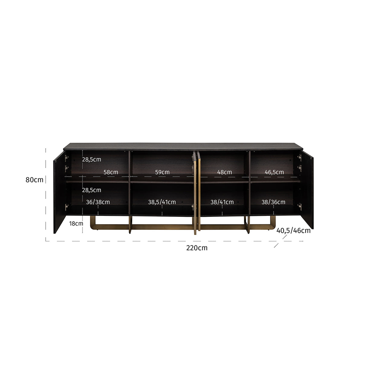 Anrichte schwarz-Gold, Sideboard Gold-schwarz, Breite 220 cm