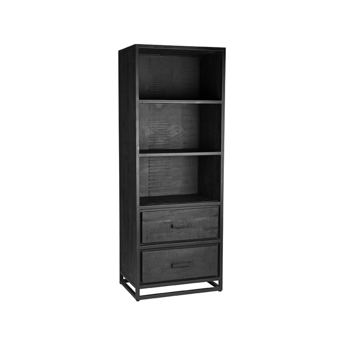 Bücherregal schwarz Holz, Regal schwarz, Regal Holz mit Schubladen, Breite 70 cm
