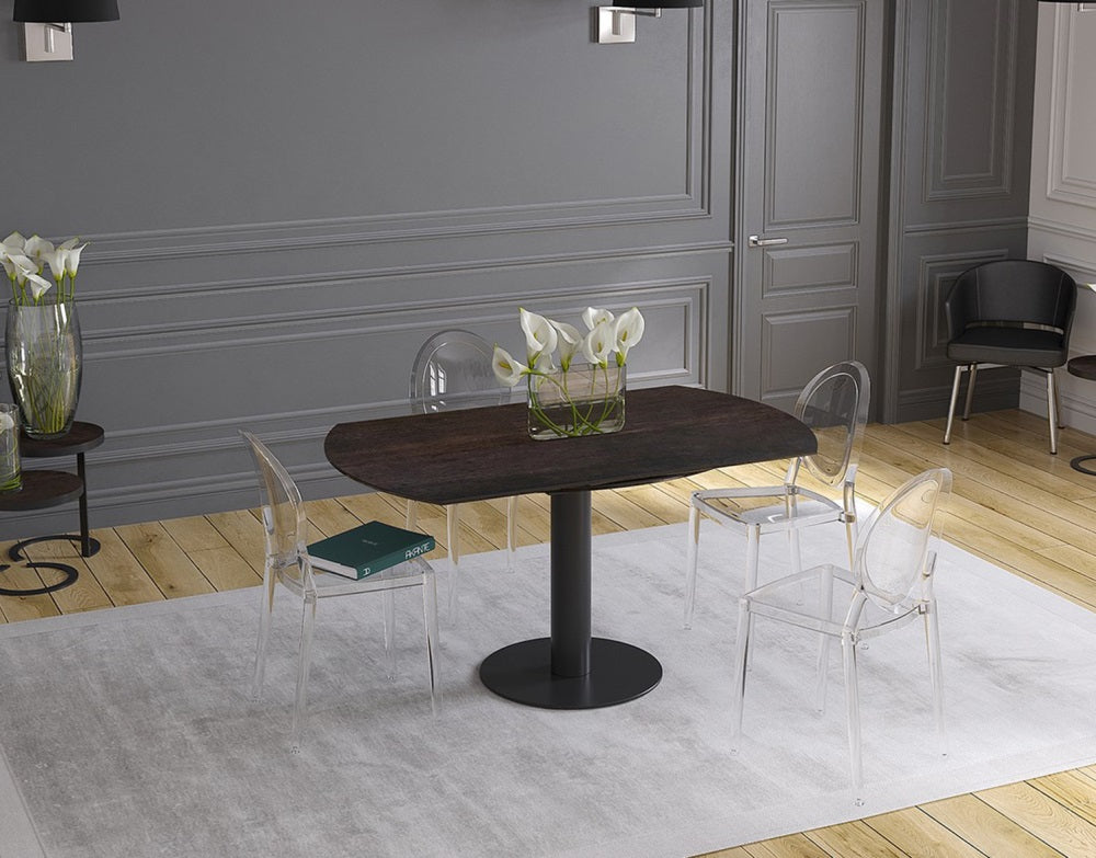 Ausziehtisch rund braun, Tisch Keramik-Tischplatte, runder Esstisch Keramikplatte, Esstisch braun rund ausziehbar, Durchmesser 150 cm