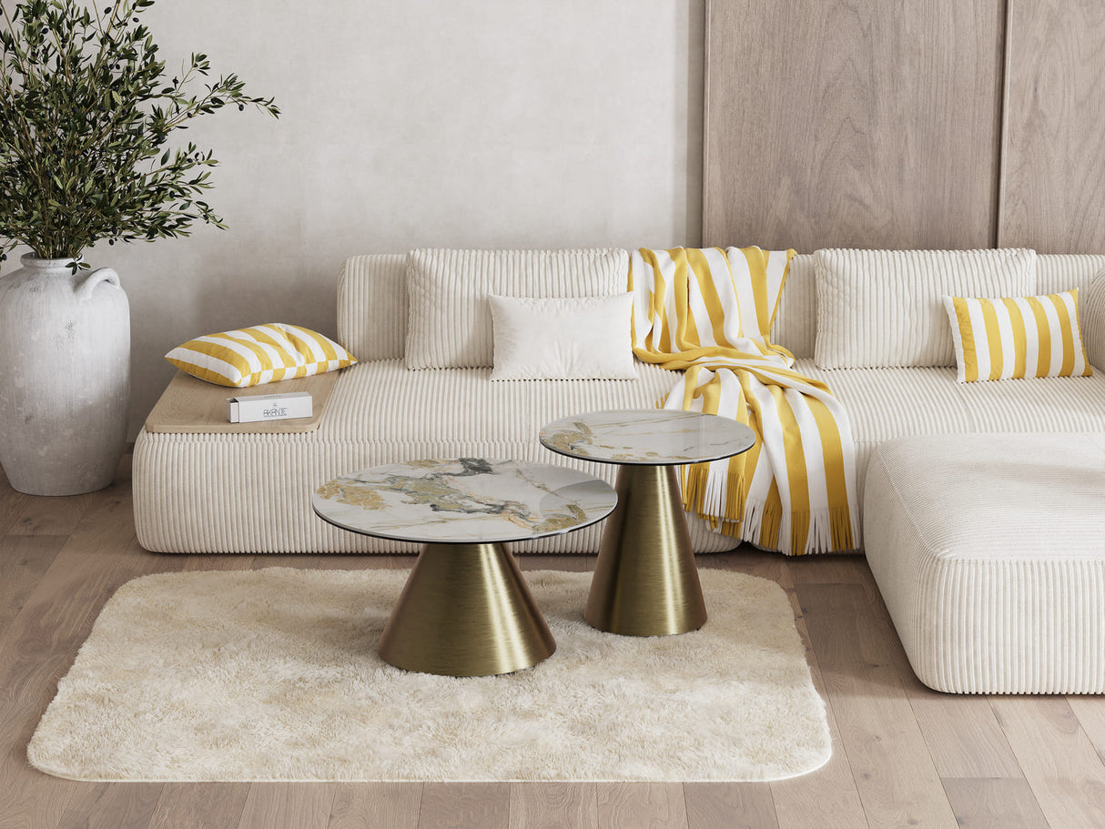 Couchtische rund Keramik Marmoroptik, runder Couchtisch Gold Keramik, Durchmesser 75 cm