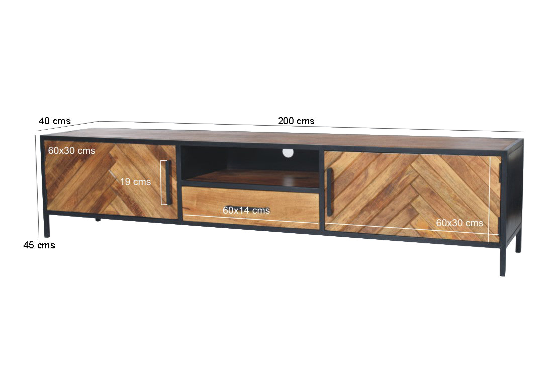 TV Schrank Industriedesign, Fernsehschrank Metall-Holz,  Breite 200 cm