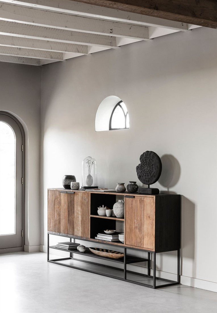 Sideboard schwarz Naturholz, Anrichte Holz Naturholz, Wohnzimmerschrank Metall-Gestell, Breite 205 cm