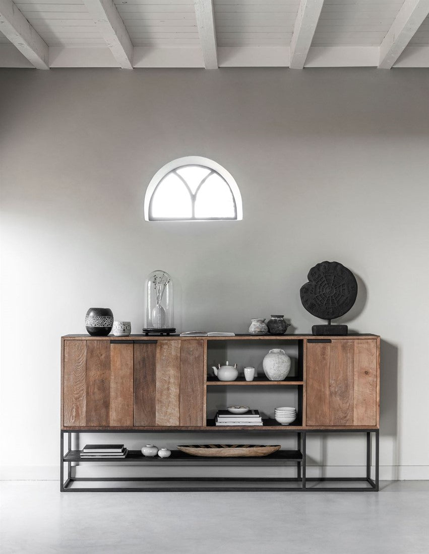 Sideboard schwarz Naturholz, Anrichte Holz Naturholz, Wohnzimmerschrank Metall-Gestell, Breite 205 cm