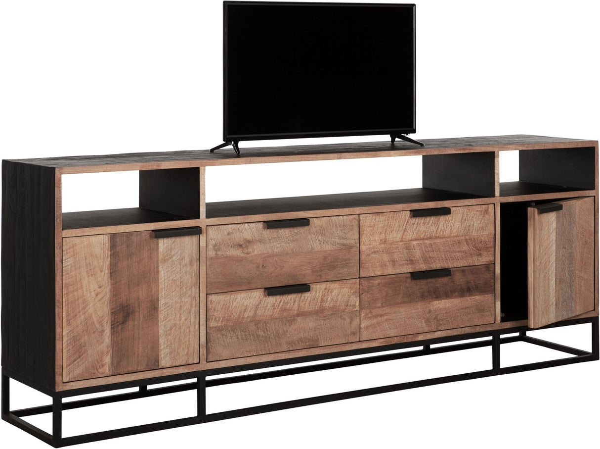Sideboard mit Schubladen schwarz Naturholz, Anrichte Holz Naturholz, Wohnzimmerschrank Metall-Gestell, Breite 200 cm